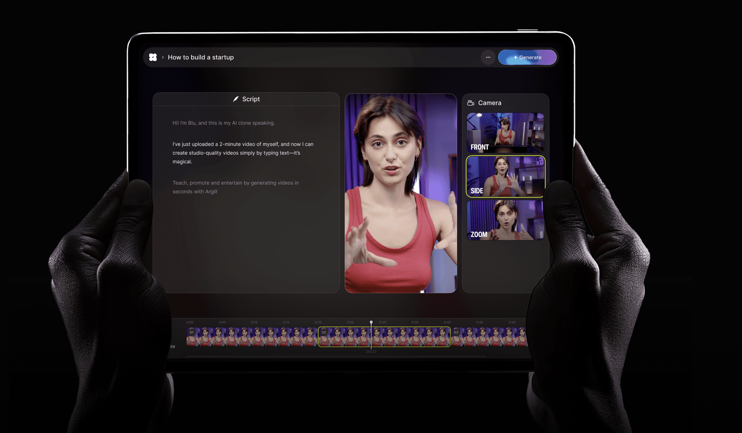 User interface of Argil video editing software, an online Filmora alternative