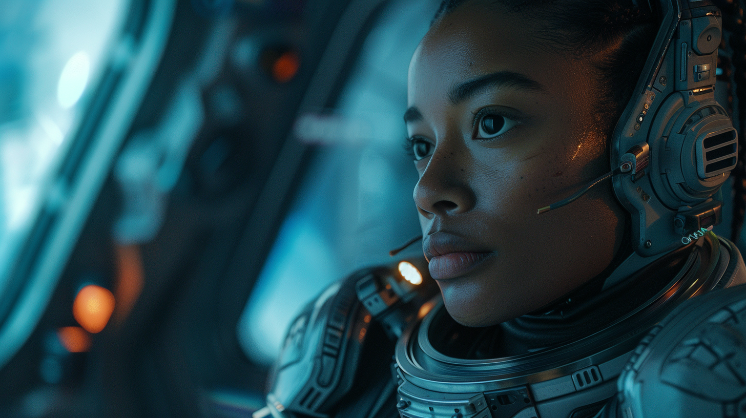 An AI generated close up of an astronaut in a spacesuit lit by blue light inside a cockpit