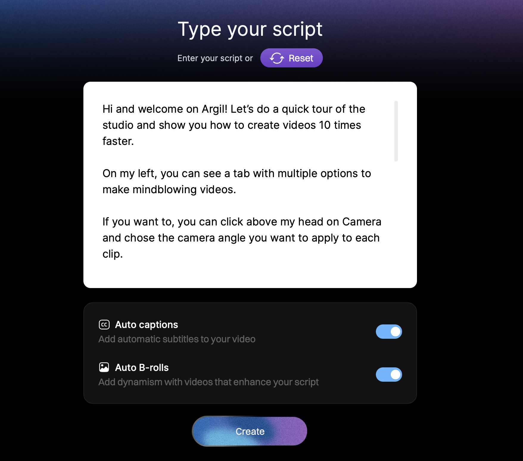 Argil’s text to video AI software interface for clip conversion