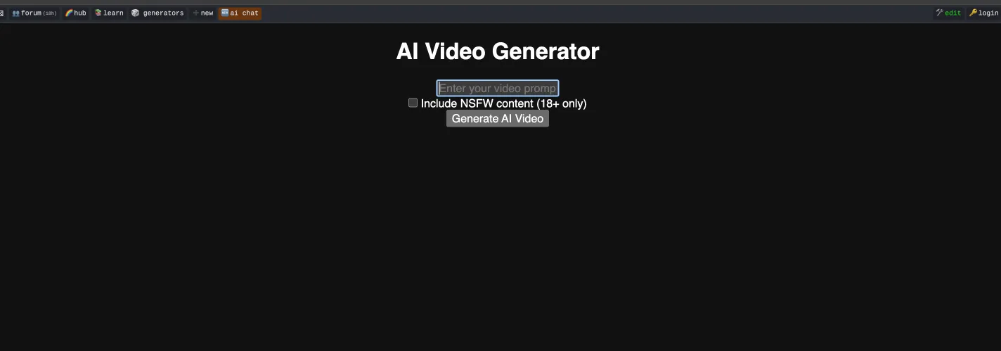 Screenshot of Perchance AI video generator tool interface