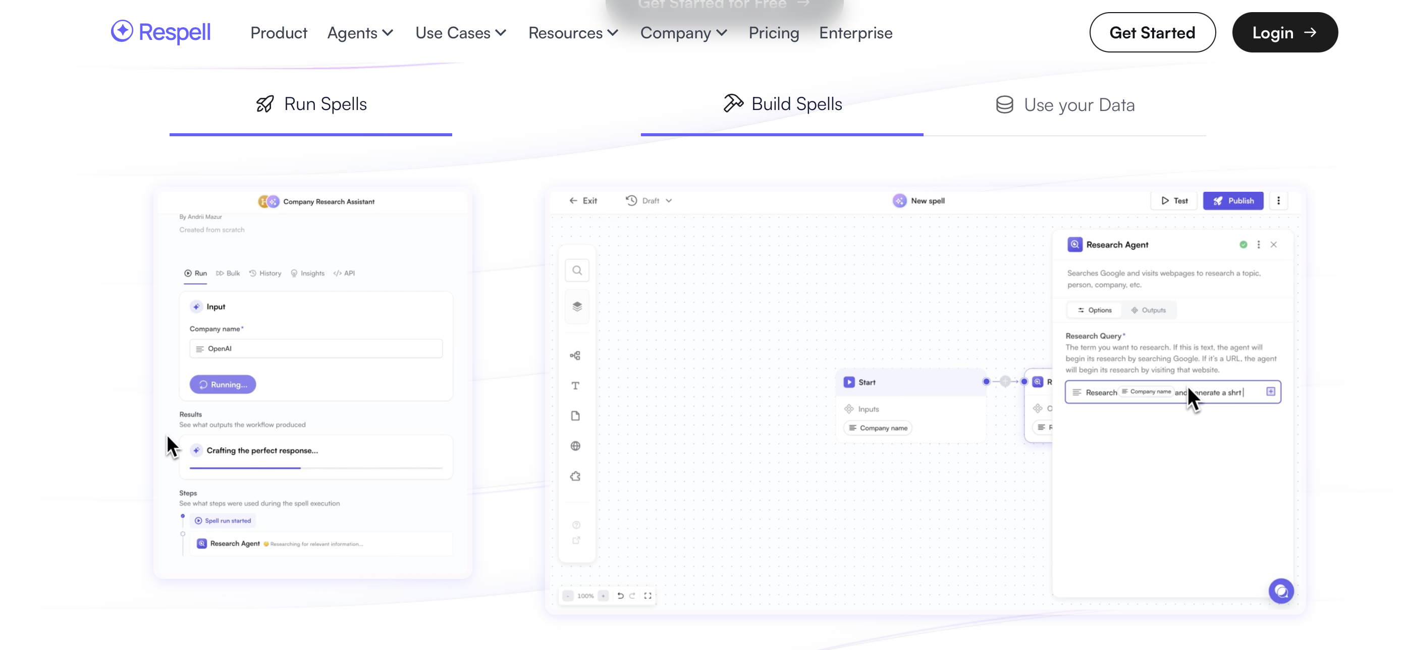 Screenshot of Respell platform showcasing AI-powered workflow automation tools.