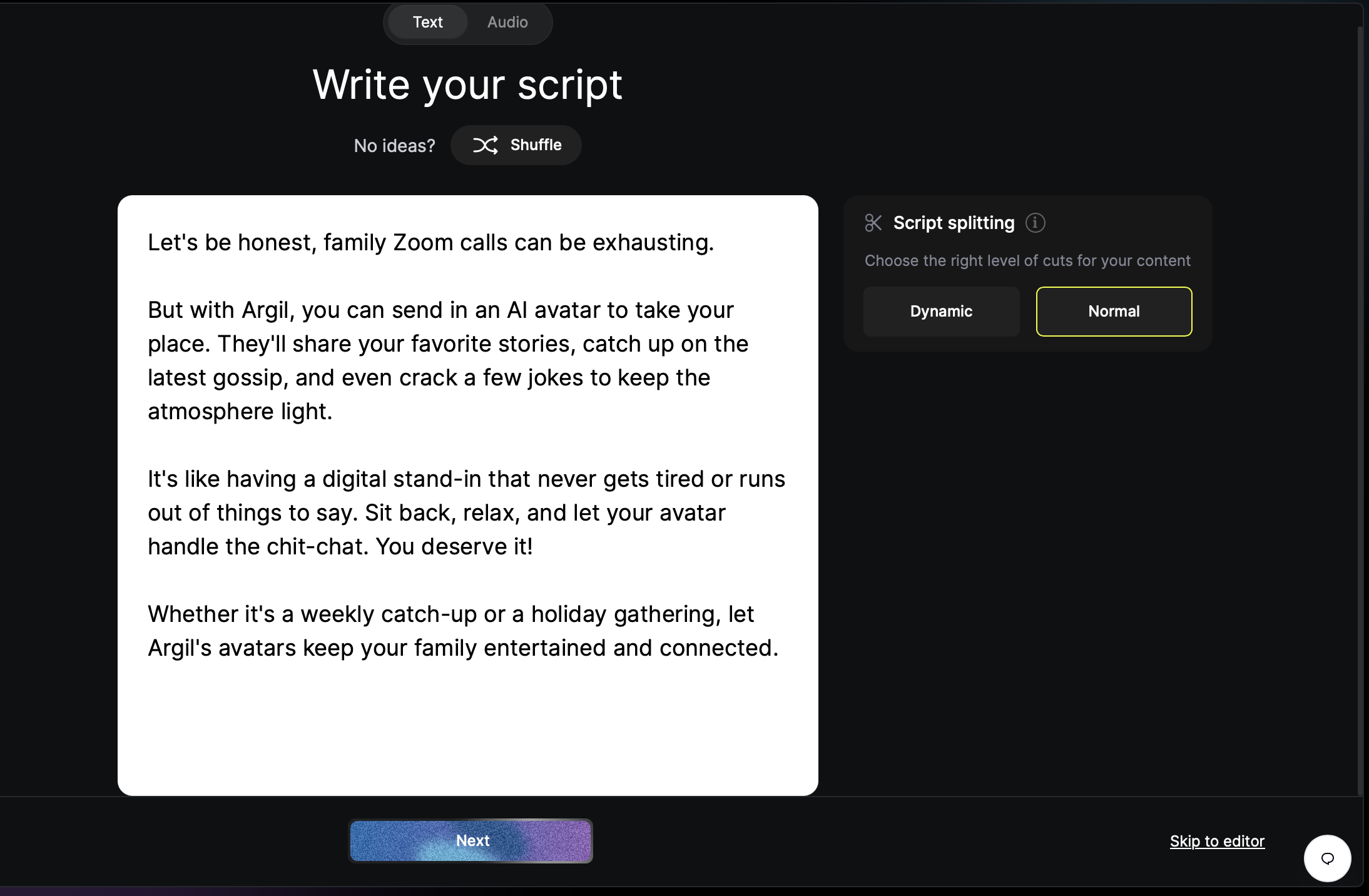 AI interface turning ideas into scripts and videos with Argil