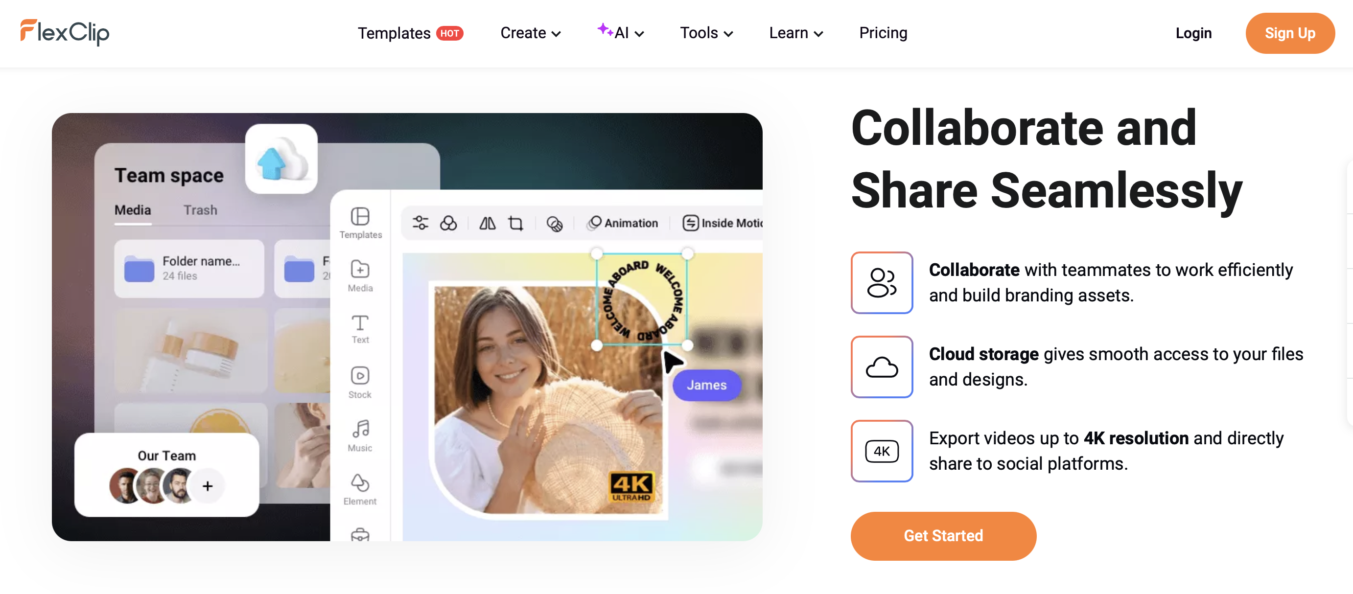 Flex Clip interface with drag-and-drop video editing features.