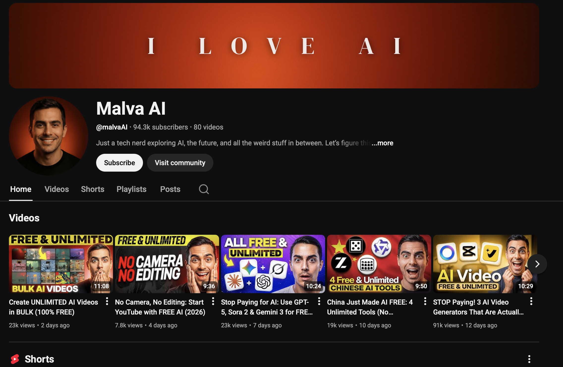 Malva AI YouTube channel showcasing AI-generated videos