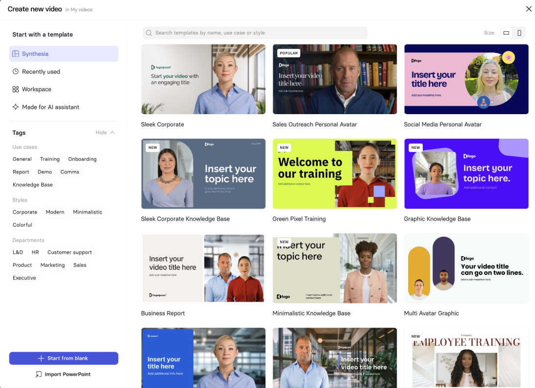 Dashboard view of AI avatar generators with a rich template library.