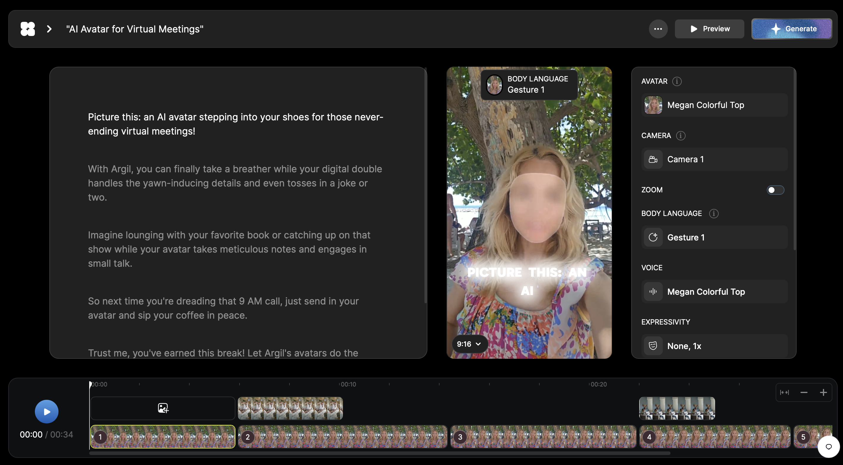 Workflow view from AI avatar tools with integrated scriptwriting assistance